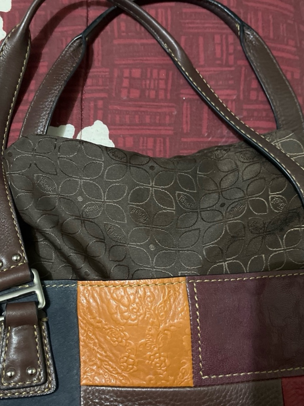 Fossil Patchwork Leather Shoulder Bag - Brown, Tan & Burgundy